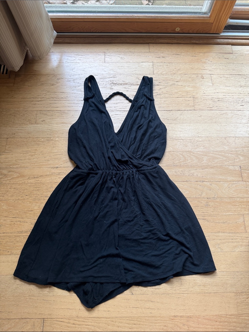 Abercrombie & Fitch Black Sleeveless V-Neck Romper with Braided Back Strap